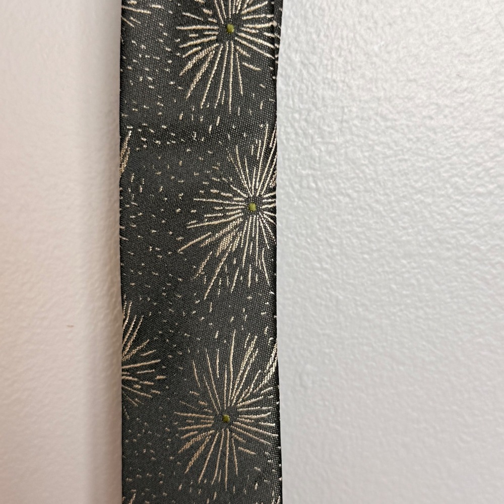 Vintage Starburst Firework Silk Tie Mens Dark Olive Green Gold Hand Made 57" - Picture 8 of 10